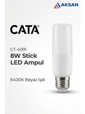 Cata CT-4091 8W LED Stick Tüp Ampul E27 Kalın Duy 6400K Beyaz Işık 800 Lm (Dar Avizelere Uygun)