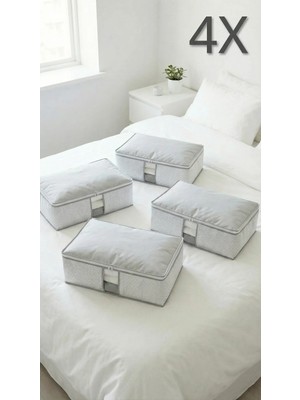 Evsella 4'lü Set - Beyaz Çizgili Pencereli Büyük Boy Baza Altı & Çekyat Altı Hurç & Kazak Kıyafet Hurcu