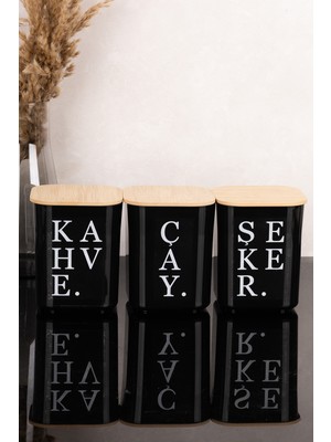 Dolkin Home 3'lü 900 ml Bambu Kapaklı Şeffaf Etiketli Çay & Şeker & Kahve & Tuz Saklama Kabı Siyah Akrilik Mika Kavanoz
