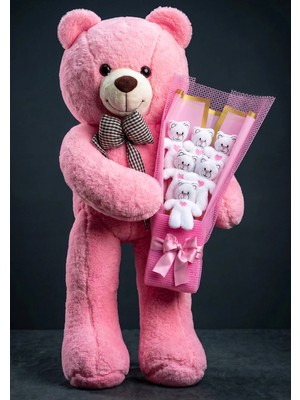 Lenostra Pembe Büyük Peluş Ayıcık 90CM ve Pembe Kalpli Ayıcık Buketiyle Hazırlanan Kız Kardeşe Ablaya Arkadaşa Doğum Günü Hediye Seti