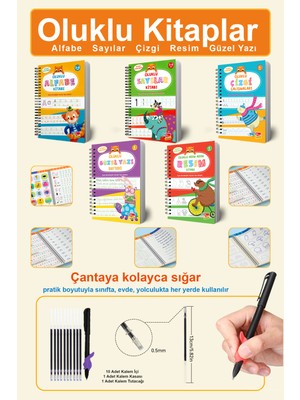 Dikkat Atölyesi Yayınları 5'li Oluklu Set Güzel Yazı Defteri Resim Çizgileri Harfleri ve Sayıları Öğreten Kitap