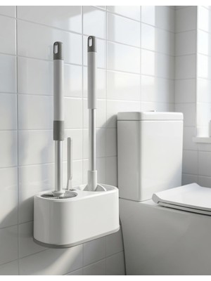 Elçi Home 3ü1 Arada Wc Klozet Fırça Seti Antibakteriyel - Ekstra Sağlam Alüminyum Sap - 3 Ayrı Fırça - Hazneli - Elçihome