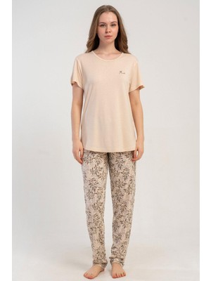 Kezokino Kadın Kısa Kollu Krem Pijama Takımı Rahat Kesim Yazlık Ev Giyimi C9T0N2215