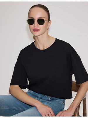 Pierre Cardin Kadın Siyah Oversize Bisiklet Yaka Tişört 50325455-VR046