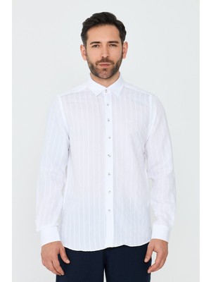 White Stone Beyaz Çizgili Uzun Kollu Dynamic Fit Erkek Gömlek