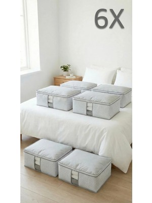 Evsella 6'lı Set - Beyaz Çizgili Pencereli Büyük Boy Baza Altı & Çekyat Altı Hurç & Kazak Kıyafet Hurcu