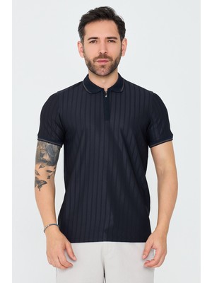 White Stone Lacivert Çizgili Fermuarlı Erkek Polo Yaka Tişört