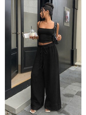 Tarz Cool Kadın Müslin Yüksek Bel Bol Paça Beli Lastikli Pantolon