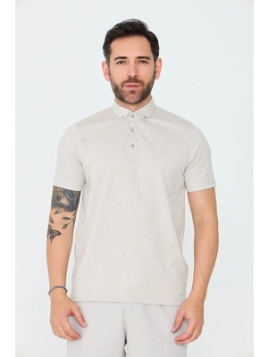 White Stone Bej Mikro Desenli Düğmeli Erkek Polo Yaka Tişört