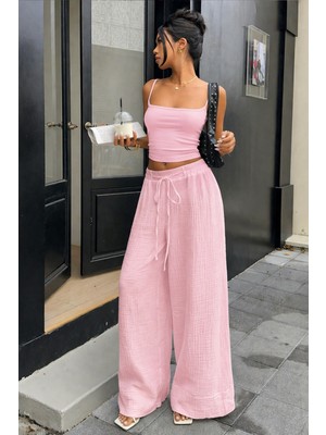 Tarz Cool Kadın Müslin Yüksek Bel Bol Paça Beli Lastikli Pantolon