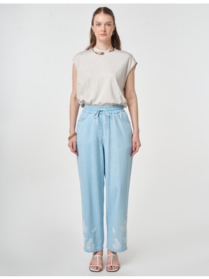 Kayra Yıkamalı Paçası Nakış Işlemeli Denim Pantolon 79023
