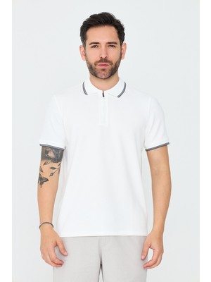 White Stone Beyaz Mikro Desenli Erkek Fermuarlı Polo Yaka Tişört
