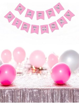 Borapack Happy Birthday Banner Pembe Gümüş Yazı