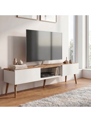 Robeve 140 cm Modern Tv Ünitesi Konsol 2 Kapaklı Ahşap Ayaklı Televizyon Sehpası Salon ve Oturma Odası Için Şık Tasarımlı Tv Konsolu Televizyon Ünitesi Tv Ünitesi Konsol