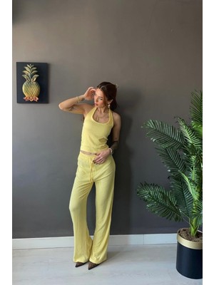 Vadon 1010 Kadın Bürümcük Dokulu Halter Yaka Crop Atlet Bol Paça Pantolon Takım Terayağı Sarısı