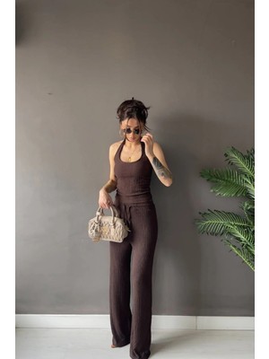 Vadon 1010 Kadın Bürümcük Dokulu Halter Yaka Crop Atlet Bol Paça Pantolon Takım Kahverengi