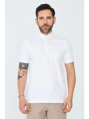 White Stone Beyaz Mikro Desenli Düğmeli Erkek Polo Yaka Tişört