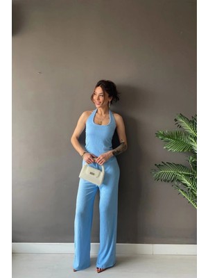 Vadon 1010 Kadın Bürümcük Dokulu Halter Yaka Crop Atlet Bol Paça Pantolon Takım Bebe Mavi