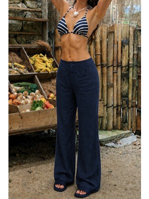Tarz Cool Kadın Wide Leg Pantolon Ön Cep Detaylı Rahat Kalıp Günlük Pantolon