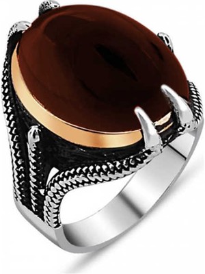 Blackcraft 925 Ayar Gümüş Doğal Akik Taşlı Kartal Pençesi Erkek Yüzük