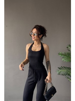 Vadon 1010 Kadın Bürümcük Dokulu Halter Yaka Crop Atlet Bol Paça Pantolon Takım Siyah
