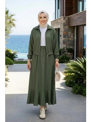 Harma Time Butik Kadın Fermuarlı Çilek Kumaş Haki Ceket Etek Ikili Takım