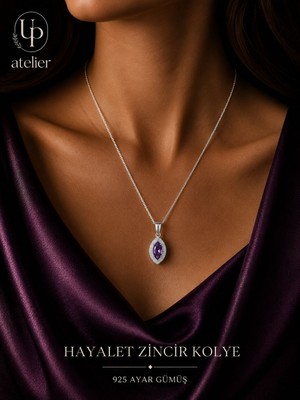 Up Atelier 925 Ayar Gümüş Mor Zirkon Taşlı Baget Model Kolye