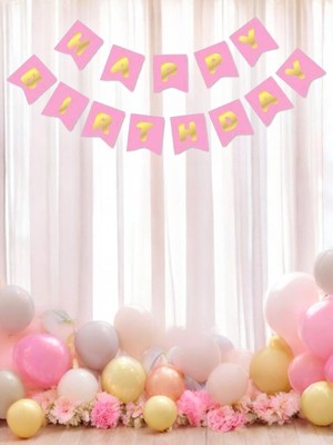 Borapack Happy Birthday Banner Pembe Gold Yazı