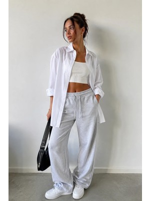 Vadon 1011 Kadın Pamuklu Oversize Gömlek Yaka Düğmeli Uzun Kollu Basic Gömlek Beyaz