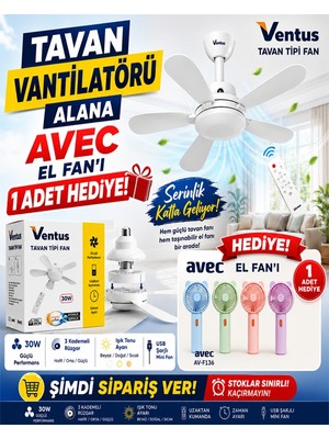Ürünpazarı Ventus Sessiz Çalışma 5 Fan Kanat ve Işıklı Uzaktan Kumandalı Tavan Tipi Vantilatör+ Hediyeli