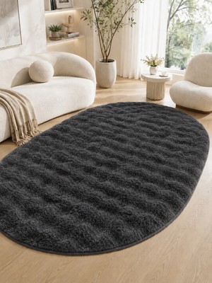Saraz Halı Oval Bubble Ultra Soft Puffy Kaymaz Taban Peluş Tavşan Tüyü Halı Antrasit