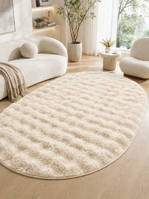 Saraz Halı Oval Bubble Ultra Soft Puffy Kaymaz Taban Peluş Tavşan Tüyü Halı Bej