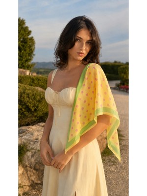 Premium Bordürlü Puantiye Üçgen Fular – Sarı Mint 46X127CM