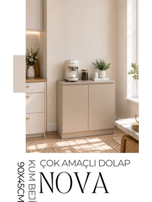Nova 90X45 Çok Amaçlı Mutfak Dolabı Kahve Köşesi Dolabı 2 Kapaklı Modern Konsol Depolama Ünitesi Kum Beji