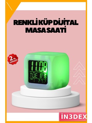İn3dex LED Dijital Küp Saat 7 Renk Değiştiren Kronometre Takvimli