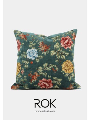 Rokfab Çiçek Desenli Yeşil Kırlent Kılıfı 45X45 cm Dekoratif Yastık Kılıfı