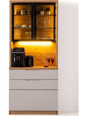 Maq Home Breda LED Aydınlatmalı Vitrinli Çekmeceli Kahve Köşesi Ana Modül 90 cm