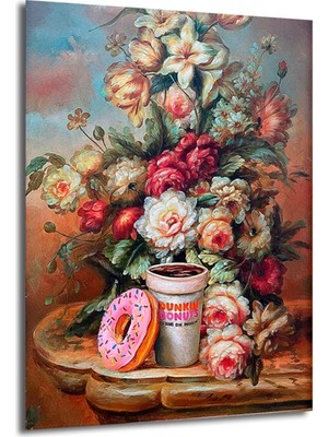 GLAZELLA Modern Klasik Çiçekler ve Dunkin' Donut Cam Tablo