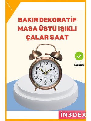İn3dex Büyük Boy Alarmlı Masa Saati Sessiz Mekanizma Bronz Metal