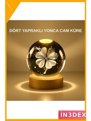 İn3dex Işıklı Yonca Cam Küre Gece Lambası USB Şarjlı Masa Dekorasyonu