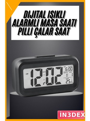 İn3dex Dijital Alarmlı LED Ekran Masa Saati 15X8CM Siyah