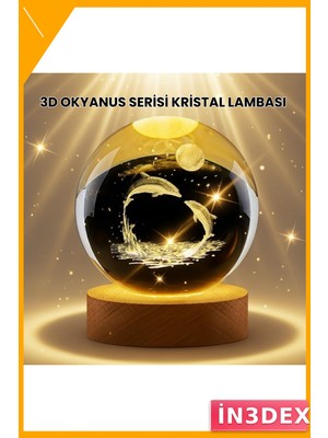 İn3dex Sıcak Işıklı Lazer Işlemeli Yunus Kristal Küre Ahşap Standlı Dekor