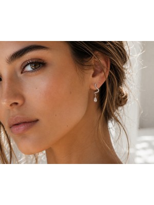 Wish&Moon Zirkon Taşlı Damla Detaylı Gümüş Renk Sallantılı Kadın Küpe