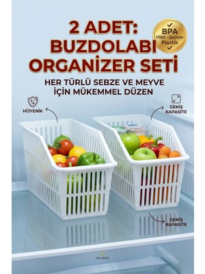 Calvera 2 Adet Buzdolabı Organizer - BPA Free Sağlam Plastik Raf Düzenleyici 25 x 17 cm Beyaz