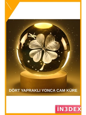 İn3dex LED Işıklı Cam Küre Gece Lambası Yonca Figürlü USB Ahşap Stand