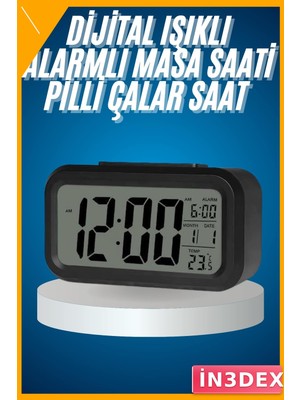İn3dex Dijital Alarmlı Masa Saati LCD Ekranlı Termometre Takvimli Çalar Saat