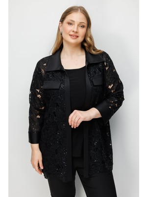 Moda İlgi Moda Ilgi Kadın Büyük Beden Cep Kapaklı Pullu Çiçek Güpürden Ikili Takım Tunik 0378 Siyah