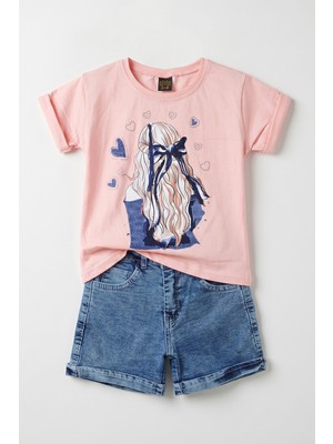 Joy Kids Kız Çocuk Kot Şortlu Taşlı Takım (3-10YAŞ) (Pembe)
