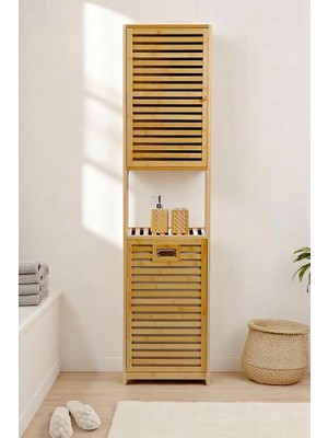 Bambu Kirli Sepetli 1 Raflı Kapaklı Banyo Dolabı Banyo Düzenleyici Çamaşır Sepeti Organizer D