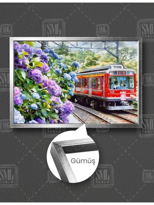 SML Tablo Kırmızı Tramvay Doğa Manzara Mor Açmış Çiçekler Yatay Çerçeveli Kanvas Tablo